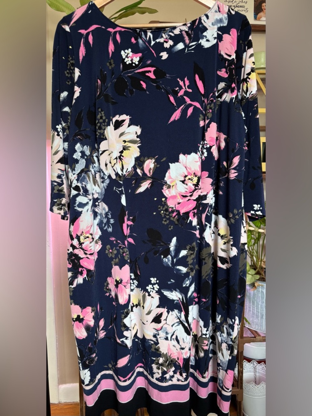 INC International Concepts Navy Dress with Pink Floral Accents